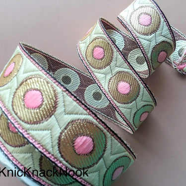 Orange / Blue / Beige Embroidered Trim with Gold and Pink Circle Pattern, Approx. 30mm Wide - 200317L409/10/11